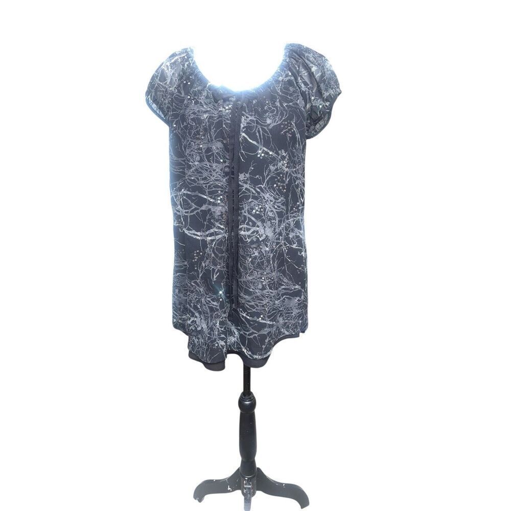 Calvin Klein Jeans Black Abstract Print Sequin Tunic Top Short Sleeve Size Large